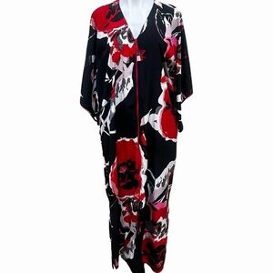 Natori Floral Zip Front Caftan Robe Maxi Dress Black Red White Size S